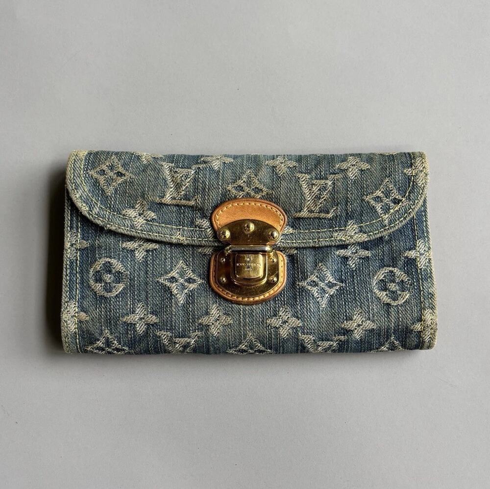 Louis Vuitton Monogram Denim Amelia Tri-Fold Wallet Blue Gold Hardware Vintage
